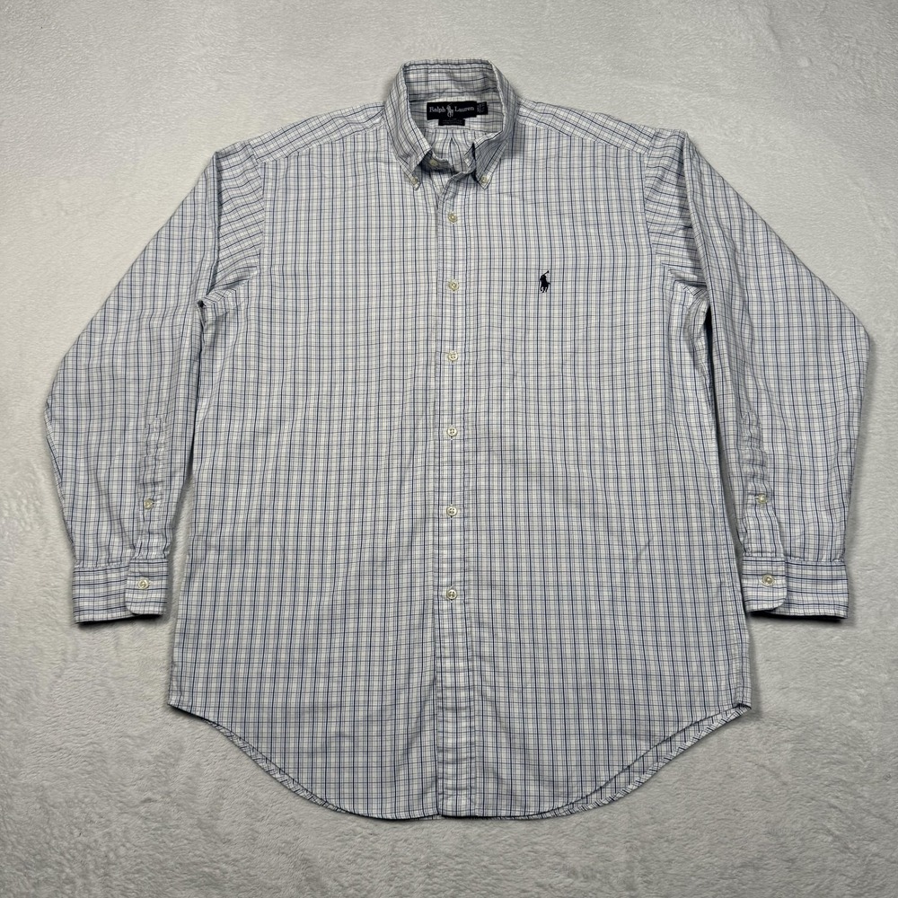 Ralph Lauren Shirt Mens 15.5 33 White Blue‎ Plaid Yarmouth Button Down Pony Logo - Picture 2 of 10